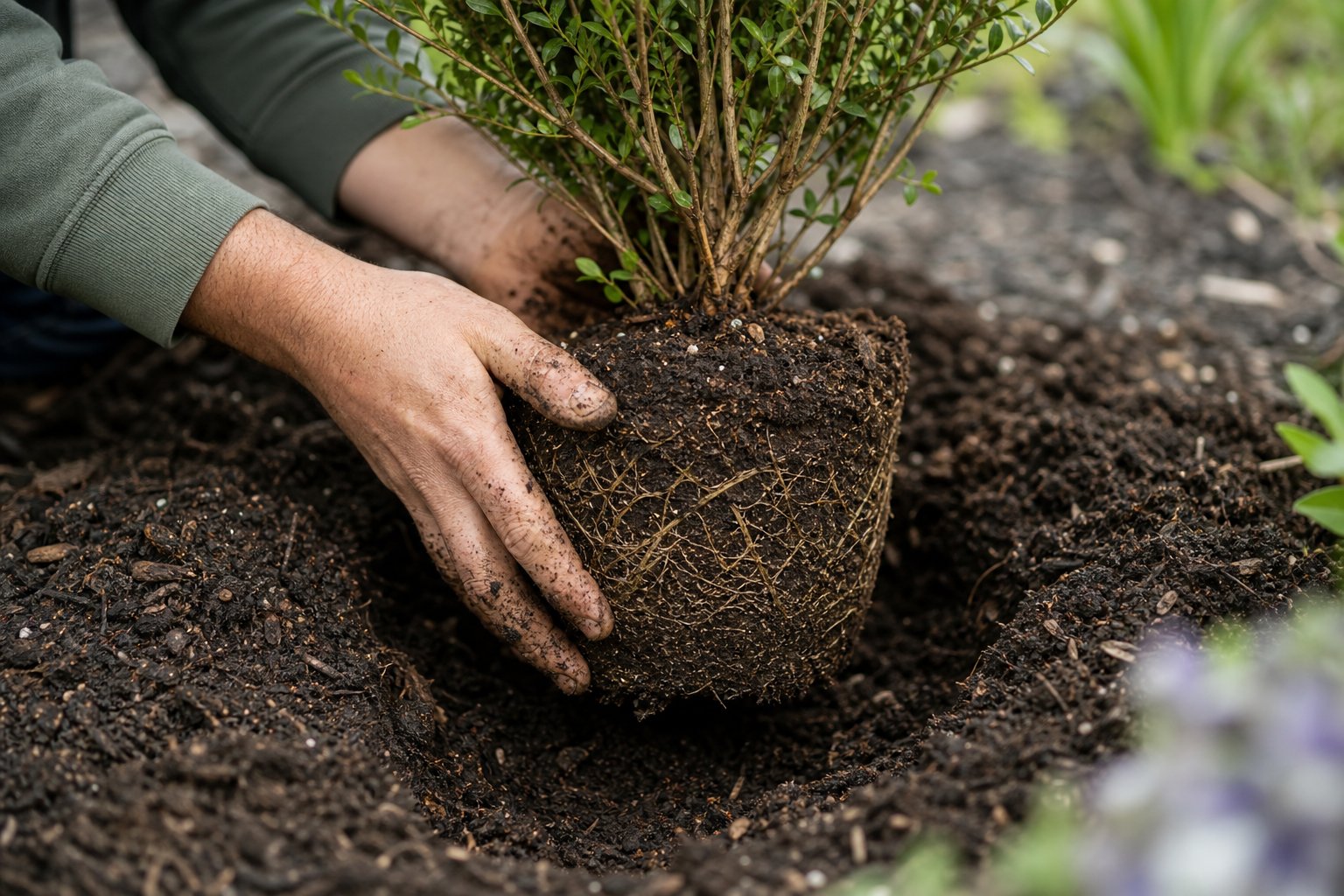 New shrub root ball being planted in amended clay soil in a Tarrant County landscape bed