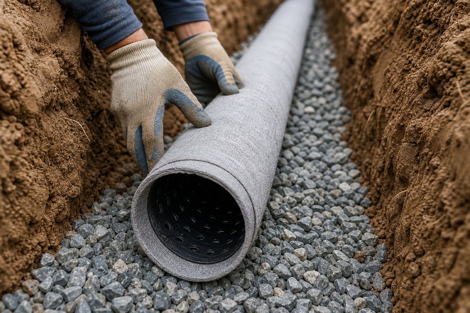 Perforated pipe on a gravel bed in a fabric-lined French drain trench