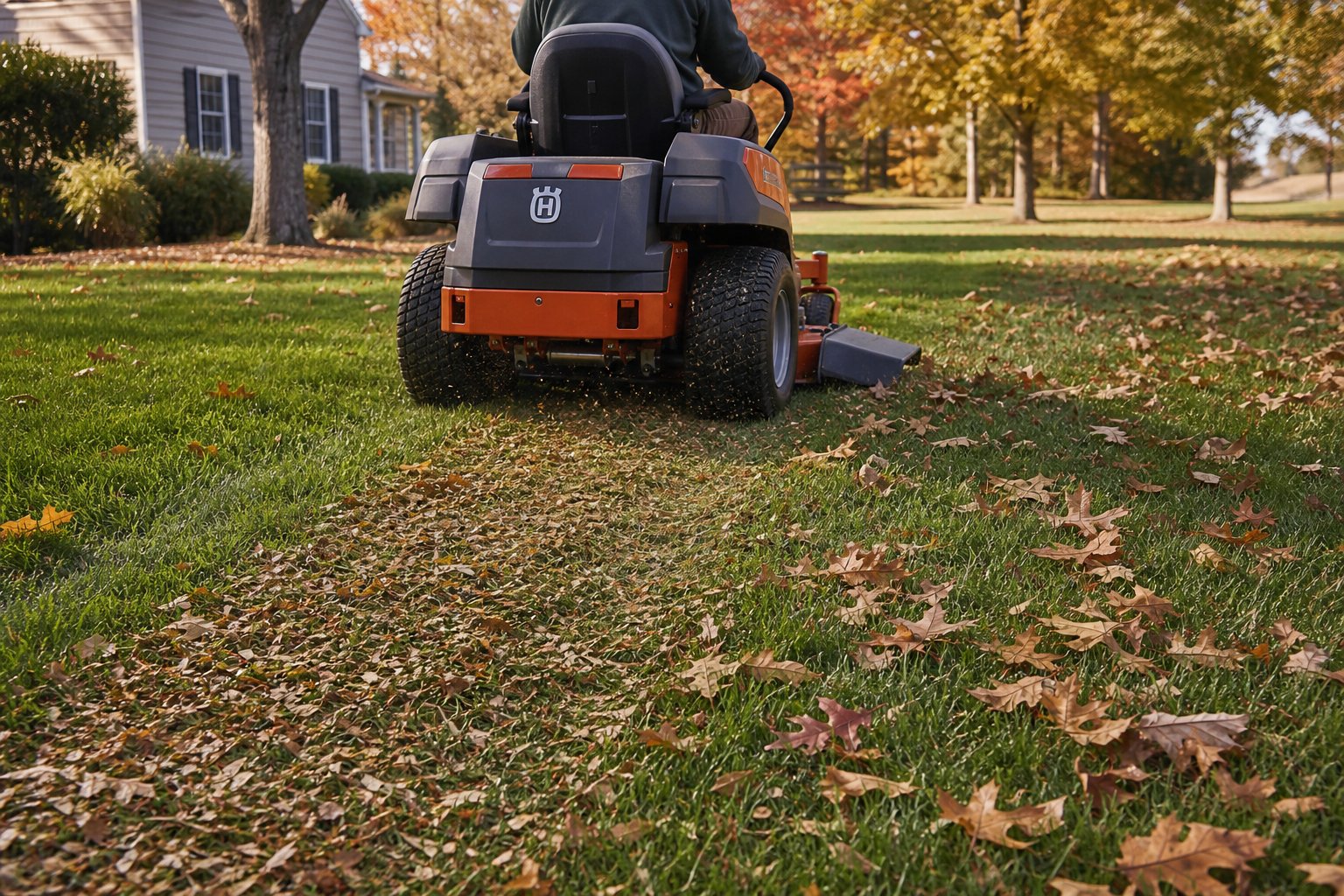 Mulching mower chopping fallen oak leaves into fine pieces on a lawn