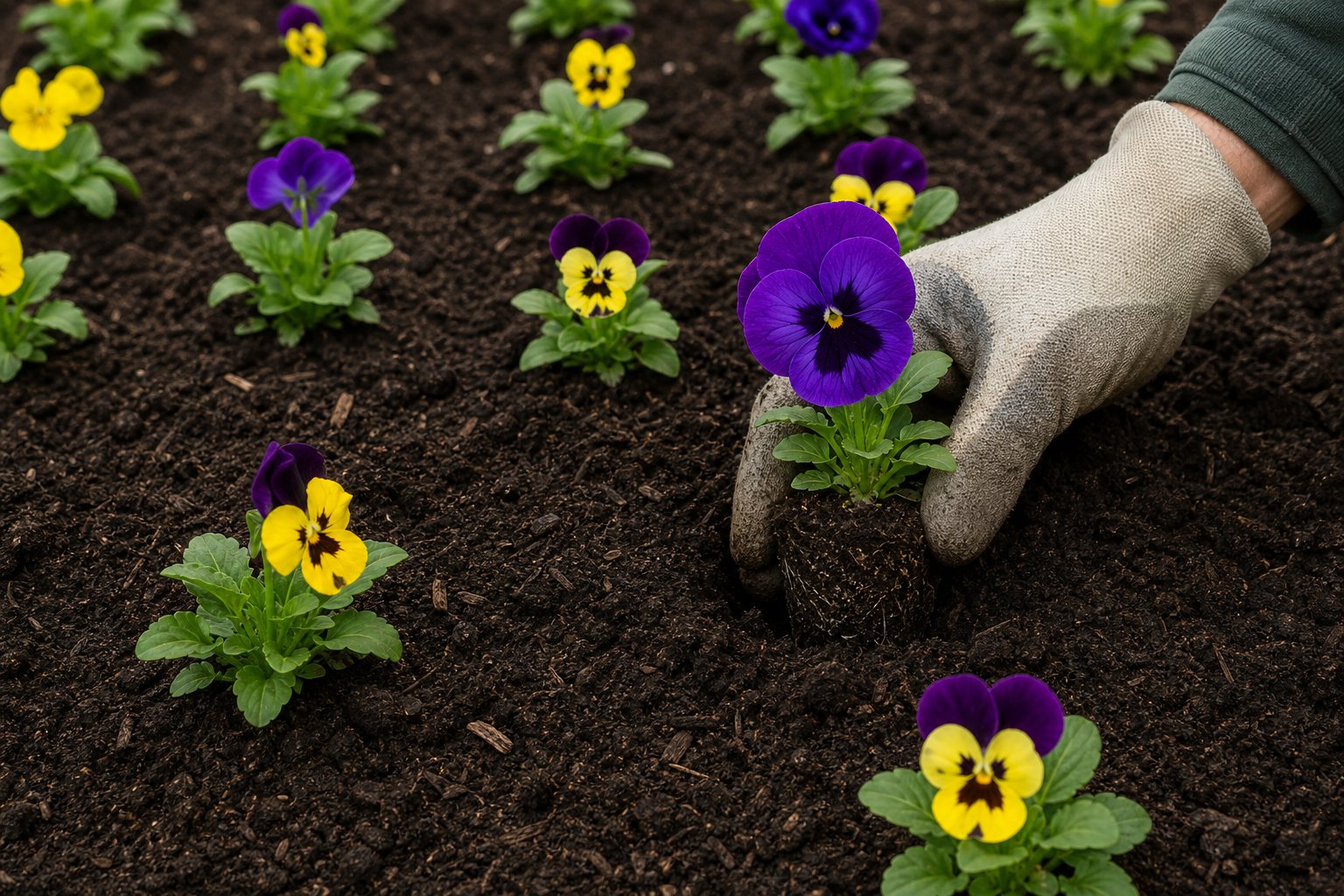Pansies spaced in rows in an amended flower bed with dark compost in North Texas