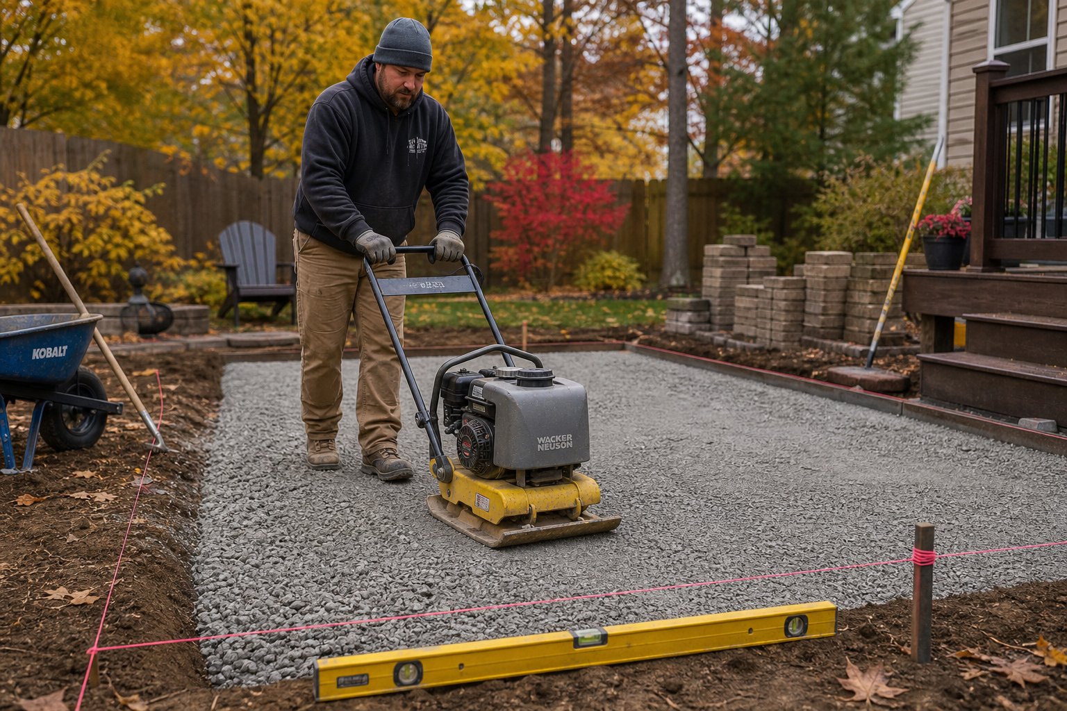 Plate compactor compacting crushed stone base for a paver patio in fall