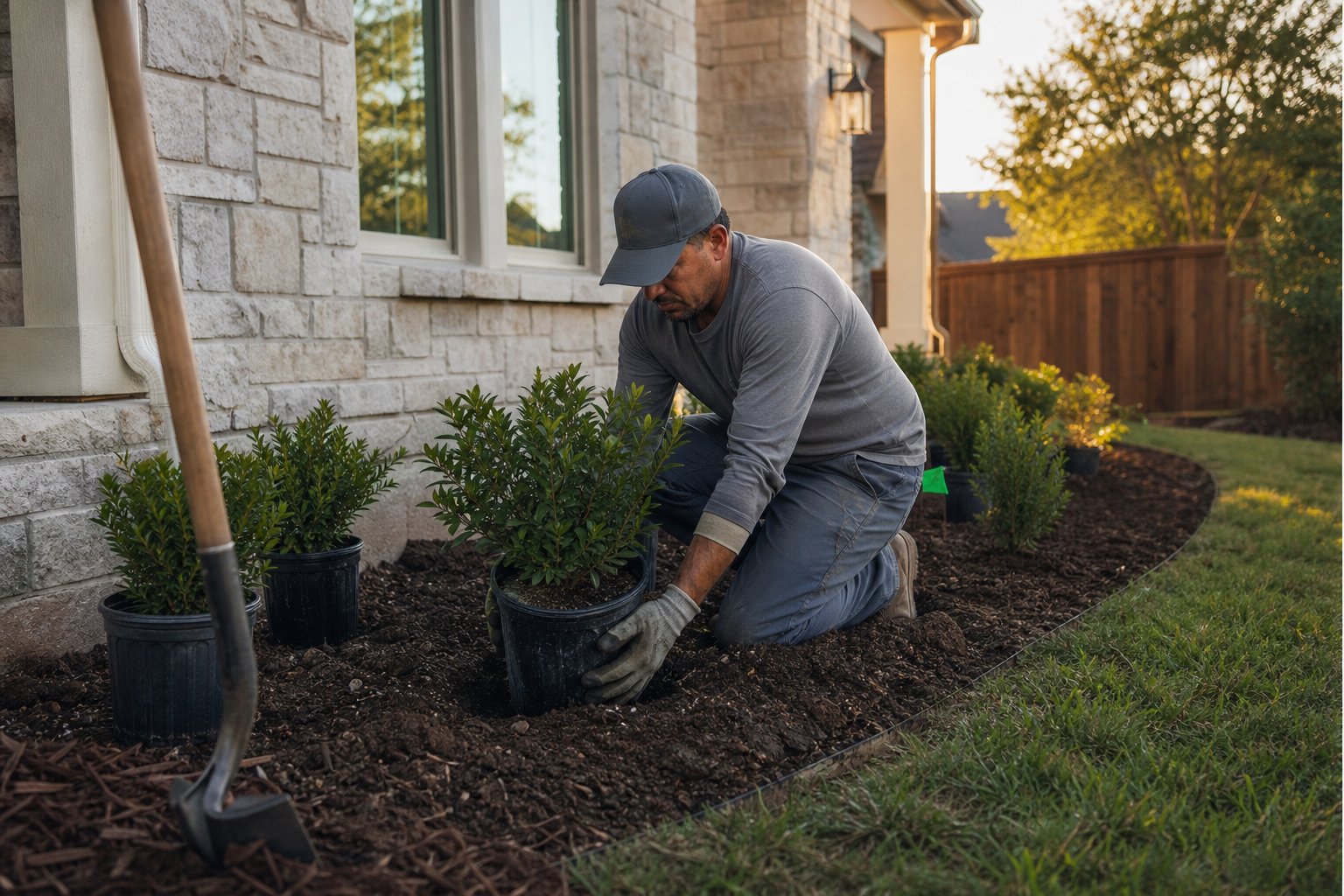 Fall planting of shrubs and trees in a North Texas landscape bed