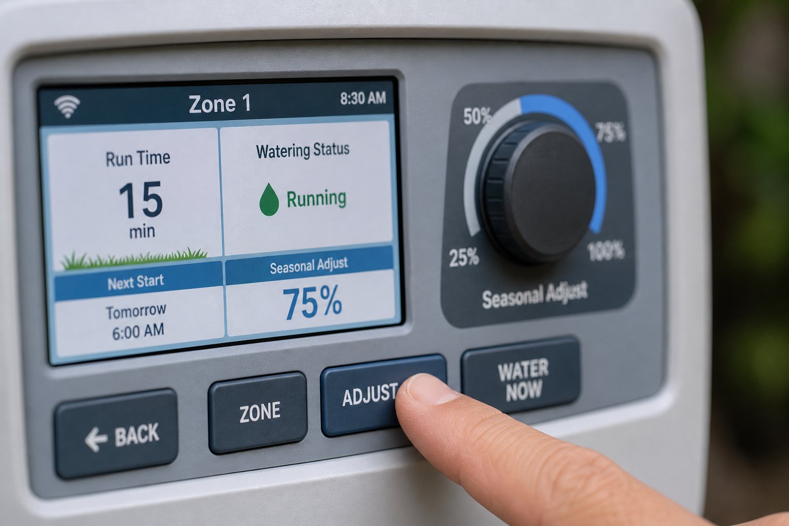 Seasonal adjust percentage being lowered on a smart irrigation controller for fall
