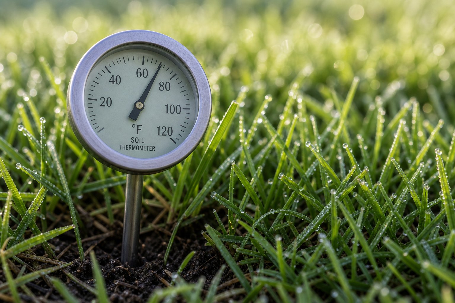 Soil thermometer reading 70 degrees at root depth in a North Texas lawn