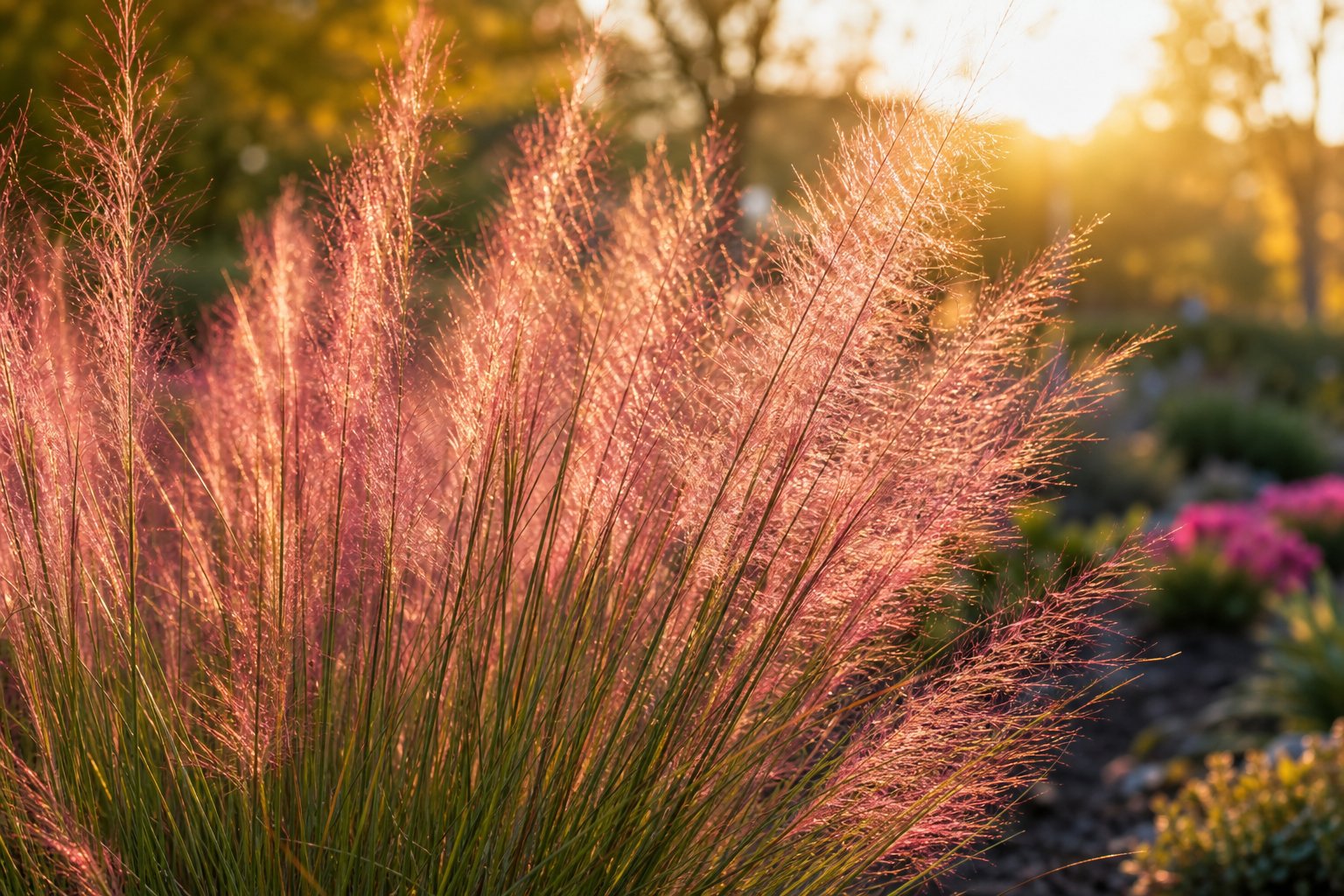Gulf muhly grass with pink plumes backlit by low autumn sun in a landscape bed