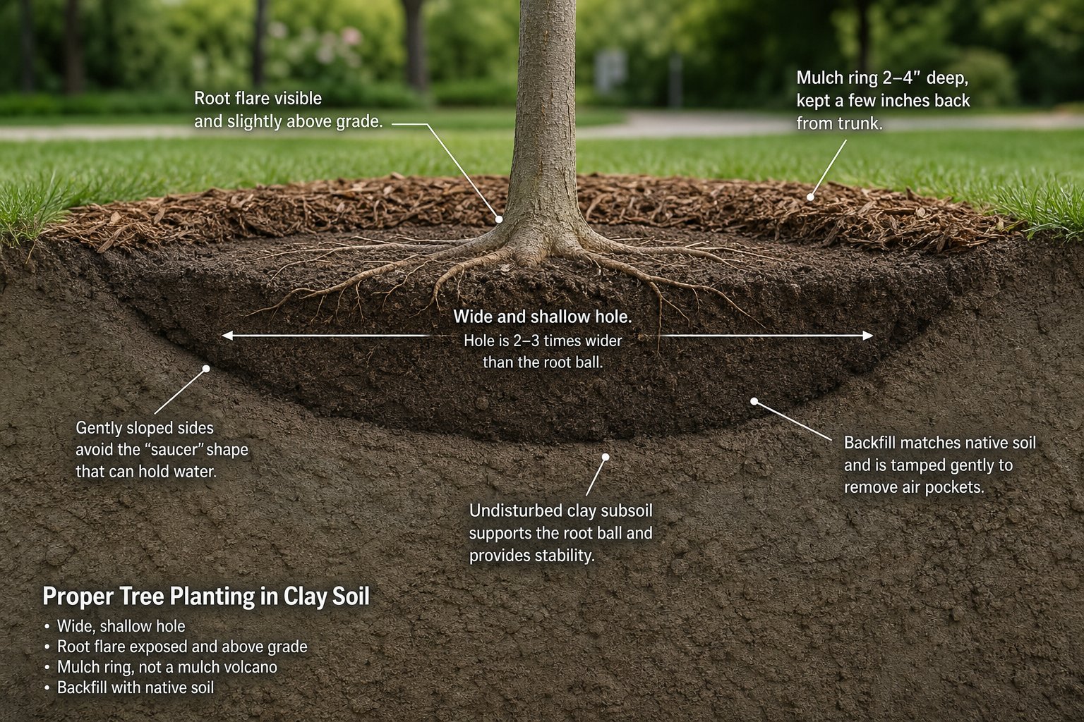 Planting hole dug wide and shallow in heavy clay with root flare set above grade