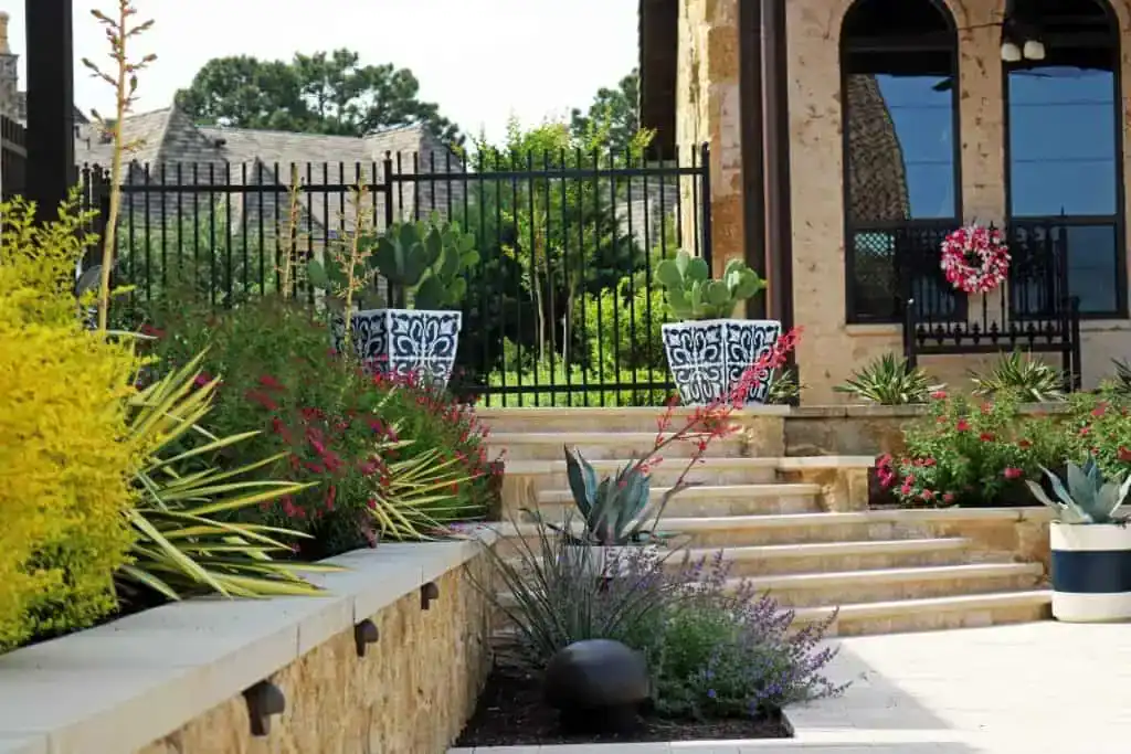 Stone steps lead up to a gated patio area with large decorative planters containing cacti, surrounded by custom landscaping Tarrant County experts have designed with various shrubs and flowering plants.