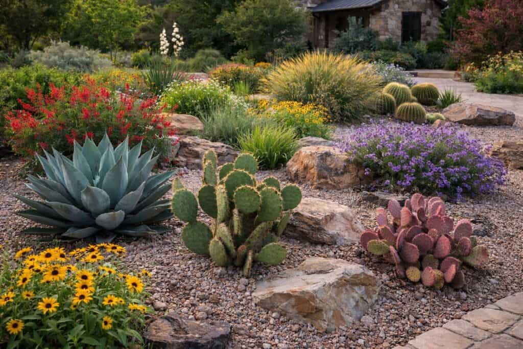 A landscaped, drought-ready garden in Tarrant County featuring cacti, succulents, flowering plants, rocks, and gravel paths; a small stone house is visible in the background, showcasing smart plant palettes for dry climates.