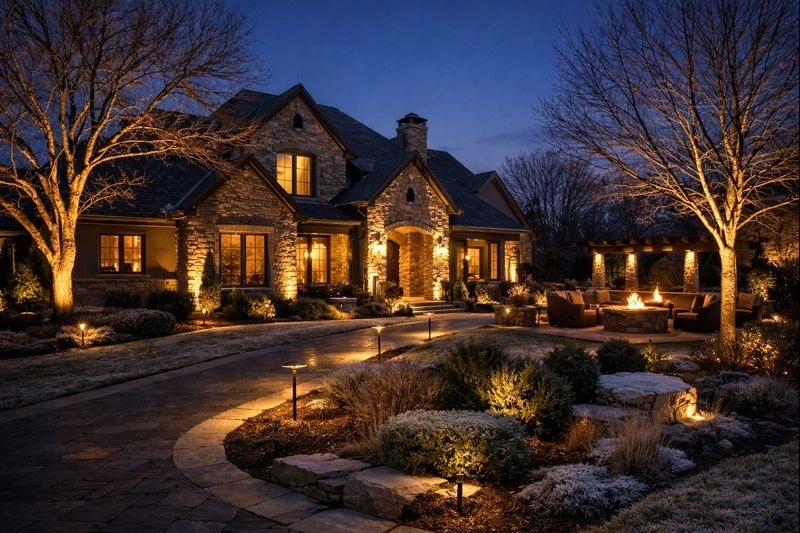 Large stone house with lit windows and landscaped garden at dusk, featuring LED outdoor lighting North Texas style. An inviting outdoor seating area with a firepit and pathway lights beautifully illuminate the trees and shrubs.