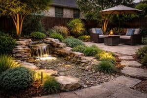 Perfect for small backyards in North Texas, this landscaped retreat boasts a soothing waterfall and pond, stone pathway, wicker seating with cushions and umbrella, plus beautiful evening lighting. Water features create a tranquil escape right at home.