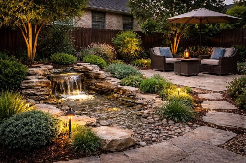 Perfect for small backyards in North Texas, this landscaped retreat boasts a soothing waterfall and pond, stone pathway, wicker seating with cushions and umbrella, plus beautiful evening lighting. Water features create a tranquil escape right at home.