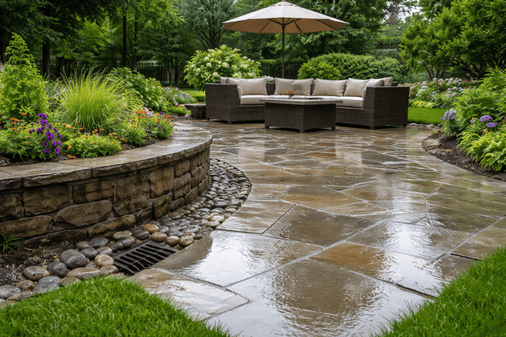 A wet stone patio hardscape with wicker furniture, a fire pit, and an umbrella, surrounded by landscaped garden beds and lush green plants glistens after spring rains.