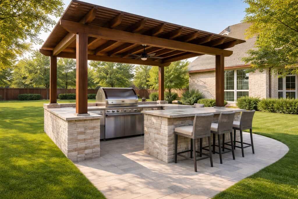 Enjoy the best outdoor kitchen, featuring a stainless steel grill, stone countertops, and barstools under a wooden pergola—perfect for relaxing and entertaining in the Texas heat.