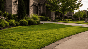 Well-maintained lawn with neatly trimmed grass, shrubs, and a curved stone-lined driveway in front of suburban brick houses on a sunny day, showcasing expert lawn care Argyle TX and effective weed control Argyle TX.